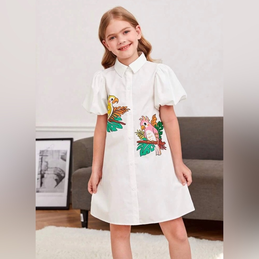 Shein Parrot Print Puff Sleeve Shirt Dress Size 4